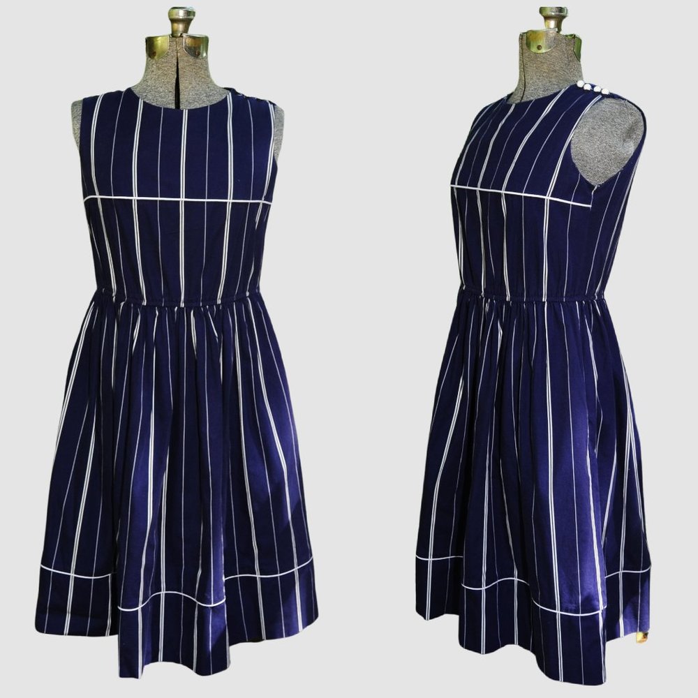 VTG Navy Blue & White Cotton Sleeveless Dress S/M